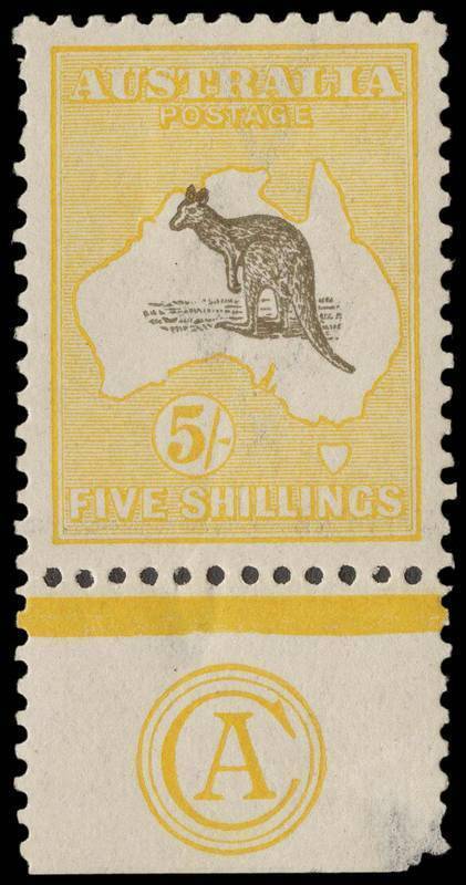 5/- Grey & Yellow, CA Monogram single with watermark inverted. Exceptionally well centred and MLH, with two thin spots in the margin, one of which slightly rounds the bottom right corner of the margin. BW:44za - $45,000.Provenance: Arthur Gray, 2007Of the