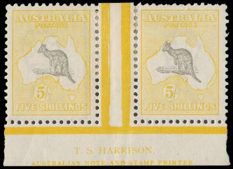 5/- Grey & Pale Yellow, Harrison Imprint pair, with variety "White flaw off N.S.W. Coast" at R55, fine Mint. BW:44ze - $3000.