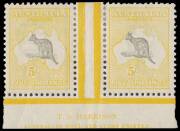 5/- Grey & Pale Yellow, Harrison Imprint pair, with variety "White flaw off N.S.W. Coast" at R55, fine Mint. BW:44ze - $3000.