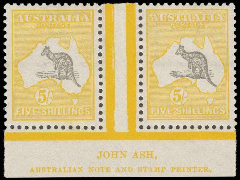 5/- Grey & Deep Yellow, Ash Imprint pair MVLH with variety "White flaw off N.S.W. Coast" at R55; one slightly toned perf at left. BW:44zg - $3250.