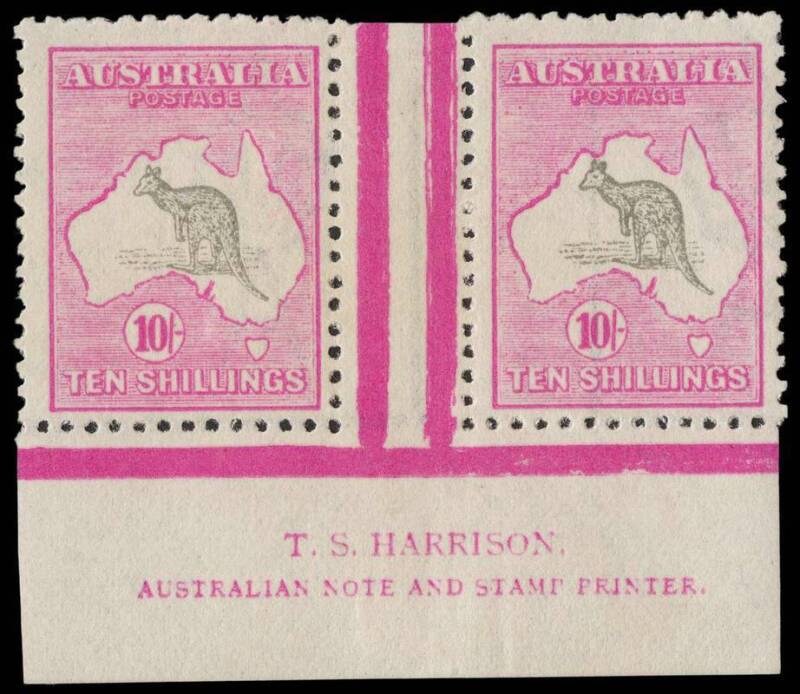 10/- Grey & Aniline Pink, Harrison two-line Imprint pair, very fresh MLH. BW:48zd - $12,500. The Hugh Morgan imprint pair (with several nibbed perforations, sold for £4500 + commission, Nov.2012.Provenance: Kevin Nelson, May 2002.