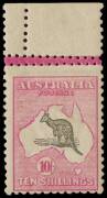 10/- Grey & Pink, marginal single with DOUBLE PERFORATIONS horizontally at top and an additional vertical row of perforations in the top margin. The stamp MUH. BW:48b - $4000.