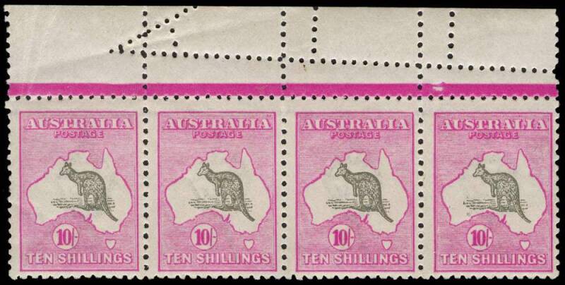 10/- Grey & Aniline Pink, superb horizontal strip of 4 with the complete margin from the top of the sheet; the margin showing a most attractive example of extensive extra misplaced perforations; 2 stamps MUH, 2 MLH. The right-hand adjoining pair was sold