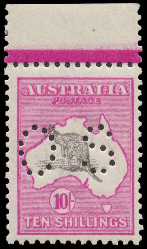 10/- Grey & Deep Aniline Pink, perforated OS marginal single from the top of the sheet, well centred MUH. With variety BW:48cb "Misplaced kangaroo" previously recorded CTO only. [See Note 8 with the associated illustration, showing the misplacement upward