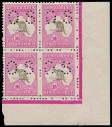 10/- Grey & Aniline Pink, perforated OS corner block of 4, superb MUH. [R53 with small paper flaw associated with the watermark.] With varieties at R54 "Broken coast at top right of Arnhem Land" and R59 "White flaw at top of the Bight". Beautifully centre