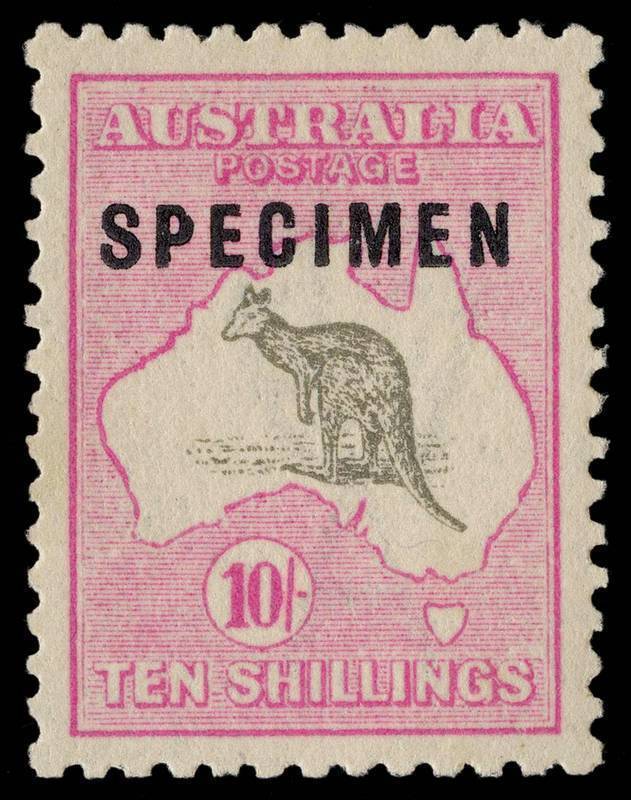 10/-Grey & Pink, overprinted SPECIMEN, Type C sub-type 2 with varient "Shaved P" in SPECIMEN also showing a distinctly "white-faced Roo". A superb example, very well centred and fresh, with gum. BW:48xf - $7500+.