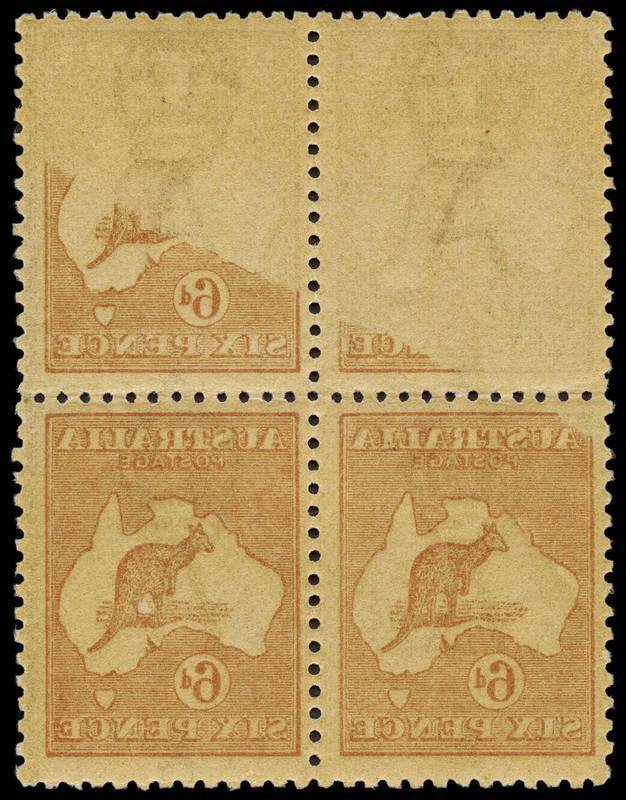 6d Chestnut, block of four, MUH, with visually stunning strong offset on the gummed side; with all units affected, the lower two complete and the upper two partial. Well centred and fresh and one of the most dramatic examples of the printing error on the