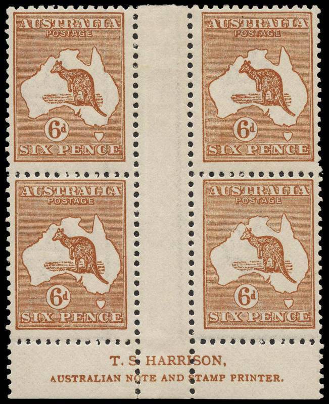 6d Chestnut, Harrison Imprint [N overMP] block of 4 from the upper plate; well centred and fresh MUH/MLH. Surprisingly hard to find. BW:21(3)z - $900.