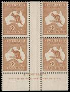 6d Chestnut, Mullett Imprint blocks of 4 from the upper and lower plates, the former with chracteristic "White hairline from value circle to map" variety at L54. Both blocks MUH/MLH. BW:21(3)zd & 21(4)zb - $1200.