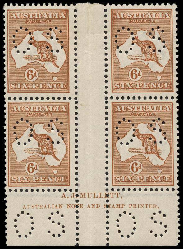 6d Chestnut, perforated OS, Mullett Imprint block of 4 from the upper plate, with characteristic "White hairline from value circle to map" at L54. Very well centred and fresh MUH/MLH. BW:21(3)zd - $600 (but not priced perforated OS).