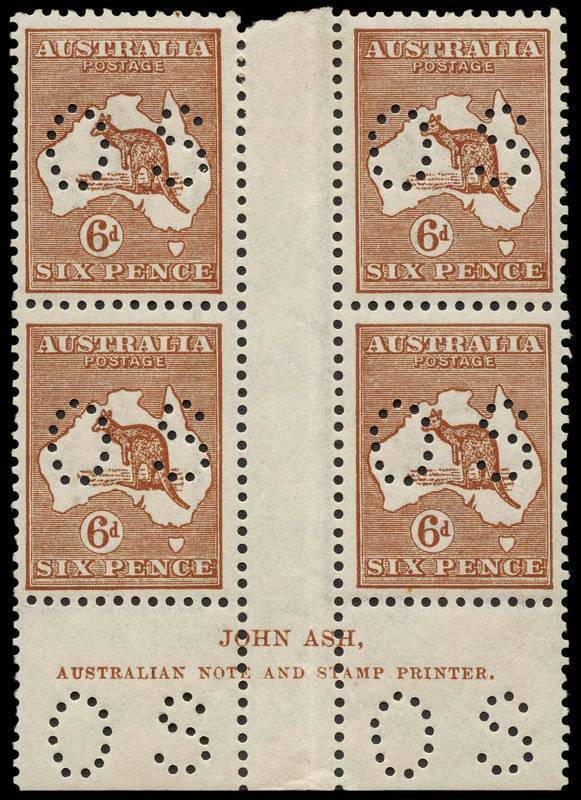 6d Chestnut, perforated OS, Ash Imprint [N over N] block of 4 from the upper plate; well centred and fresh MUH/MLH and with variety "White hairline from value circle to map". BW:21(3)zf - $450 (but not priced perforated OS)