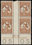 6d Chestnut, perforated OS, Ash Imprint [N over N] block of 4 from the upper plate; well centred and fresh MUH/MLH and with variety "White hairline from value circle to map". BW:21(3)zf - $450 (but not priced perforated OS)