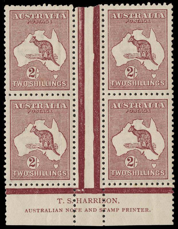 2/- Maroon, Harrison Imprint block of 4 MUH/MVLH. Very well centred and rare. BW:38z - $3750.Provenance: Arthur Gray, 2007.