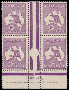 9d Violet, Ash Imprint block of 4 from Plate 4 - second state, MUH. BW:29(4)zb - $650 (but not priced MUH).