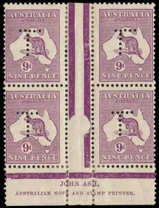 9d Violet, Ash Imprint block of 4 from Plate 3 - second state, Mint, with some hinge support. Perforated "T" for use on official mail by Tasmanian Government Departments. BW:29(3)zb - $600 (but unpriced perforated thus).
