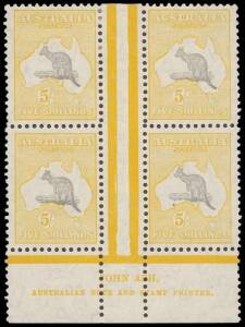 5/- Grey & Yellow-Orange, Ash Imprint block of 4 with variety R55 "Open-mouthed kangaroo"; very well centred and fresh; 2 MUH, 2 MLH. BW:46za - $4500Provenance: Arthur Gray, 2007.