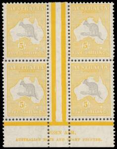 5/- Grey & Yellow, Ash Imprint block of 4 with variety at R55 "Open-mouthed kangaroo", superb condition with 2 MUH & 2 MLH. BW:46za.