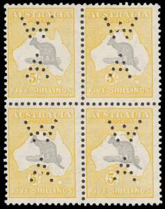 5/- Grey & Yellow, block of 4 perforated "WA" for use by Western Australian Government departments; 2 MUH, 2 MLH. A scarce State Official.