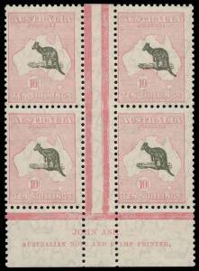 10/- Grey-Black & Pale Rose-Carmine, Ash Imprint block of 4, MUH. With R55 variety "Open mouthed kangaroo". While relatively "common" in pairs, the 10/- is rarely seen in a block.BW:50za - $9000 (for hinged mint).