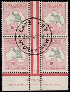 10/- Grey & Aniline Pink, Ash Imprint block of 4, very fine used appearance with centrally applied "LATE FEE - SYDNEY N.S.W." cds of Feb.1938. [This shade was printed in december 1937]. A light horizontal ironed-out crease through the lower units is menti