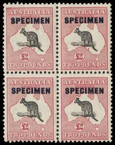 10/- Grey & Pink, &pound;1 Grey and &pound;2 Grey-Black & Rose-Crimson, all overprinted SPECIMEN, Type D and all in blocks of 4; each with 2 mounted & 2 unmounted units. BW:50xf, 54xa & 58xa - $5250+.