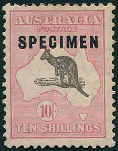 10/- Grey & Pink SPECIMEN Overprint Type C - sub-type 2 (shaved P); o.g. BW:50xd - $2000.