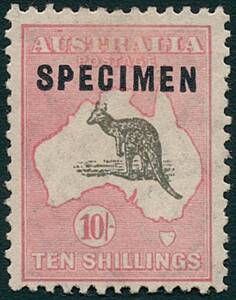 10/- Grey & Rose-Crimson, SPECIMEN Overprint Type C - sub-type 2 (shaved P); o.g. BW:50xd - $2000+.
