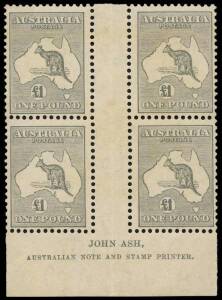 &pound;1 Grey, Ash Imprint block of 4; 3 units MUH, 1 MVLH (almost invisible); the gum showing a couple of faint traces of tone. Of delightful appearance and showing the variety at L60 "Retouched bottom frame". BW suggest that fewer than 12 such blocks have sur