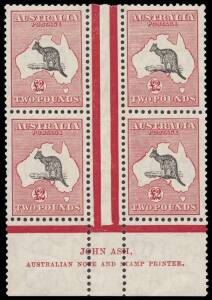 &pound;2 Black & Rose-Crimson, Ash Imprint block of 4 in magnificent MUH condition. BW:58z - $70,000 (for hinged). Six Imprint blocks are recorded, of which one is in the Australia Post Chapman collection. An exceptional opportunity.Provenance: Arthur Gray, 200