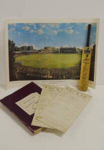 1938 AUSTRALIAN TOUR TO ENGLAND: Balance of collection, noted mini-bat with facsimile autographs; England team sheet with facsimile autographs; scrap books (2); tour guide "Australian Cricket Tour 1938"; 1937-38 Melbourne Cricket Club badge; player badges