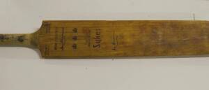 DON BRADMAN, black texta signature on "Sykes - Don Bradman" Cricket Bat. Fair/Good condition (no handle rubber).