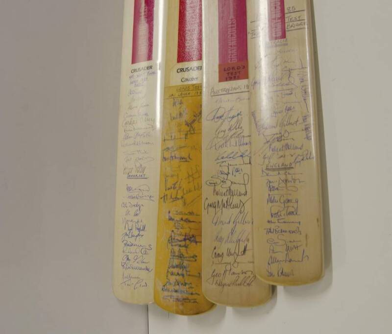 SIGNED CRICKET BATS: Full size bat signed 1983 Nat-West Final Kent v Somerset; Size 5 bat 1984 England v Sri Lanka; Size 4 bat 1985 Australia; Size 1 bat 1985 England v Australia. Fair/VG condition. Ex Jock Livingston collection.
