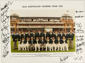 1993 AUSTRALIAN TEAM, official team photograph with title "32nd Australian Touring Team 1993", with 18 signatures on mount including Allan Border, Merv Hughes, Mark Taylor & Shane Warne, size 38x28cm.