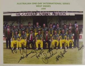 1999 AUSTRALIAN TEAM, official team photograph with title "Australian One-Day International Series, West Indies, 1999", with 19 signatures on photo including Steve Waugh, Adam Gilchrist, Ricky Ponting & Shane Warne, size 34x28cm.