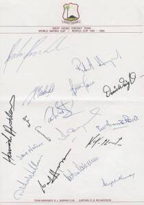 1992 WEST INDIES TEAM TO WORLD CUP, team sheet with 16 signatures including Brian Lara. Malcolm Marshall's last ever International game - he retired after the World Cup.