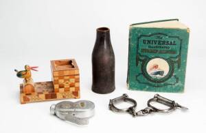 Antique writing set, cigarette box manacles, toy skittles, vintage torch, mercury themometer and stamp collection. 