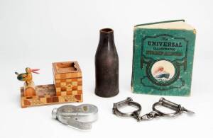 Antique writing set, cigarette box manacles, toy skittles, vintage torch, mercury themometer&nbsp;and stamp collection.&nbsp;
