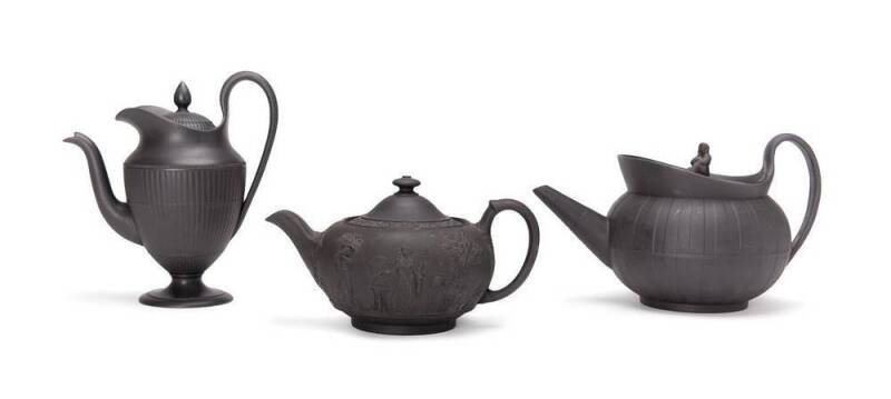 Wedgwood black basalt 19th century  teapots. (3 items)