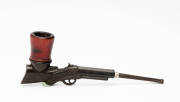 Copper mounted brass tobacco tin and a pipe in the form of a rifle, & 2 store tobacco jars. (4 items) - 2