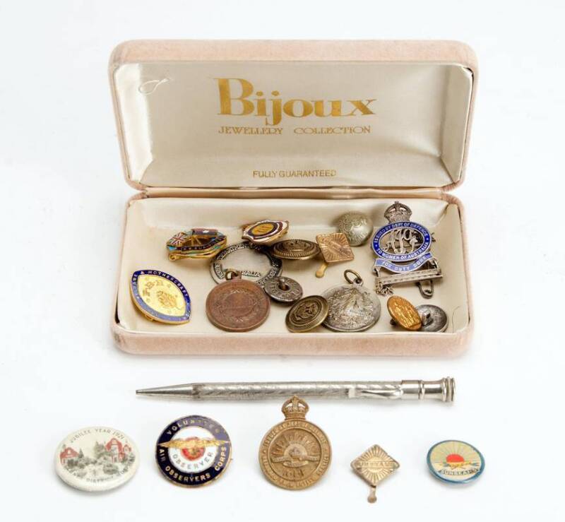 Badges, buttons & antique pencil. Noted S.S.Euripides enamel badge. (20 items)