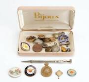 Badges, buttons & antique pencil. Noted S.S.Euripides enamel badge. (20 items)