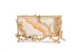 French gilt bronze mounted agate panelled jardiniere, height 19cm, width 29cm, depth 8.5cm.&nbsp;