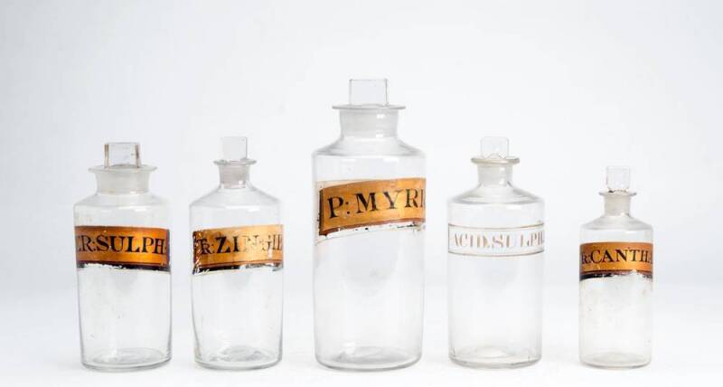 Chemist apothecary and dispensing glass jars. Late 19th century, early 20th century. 