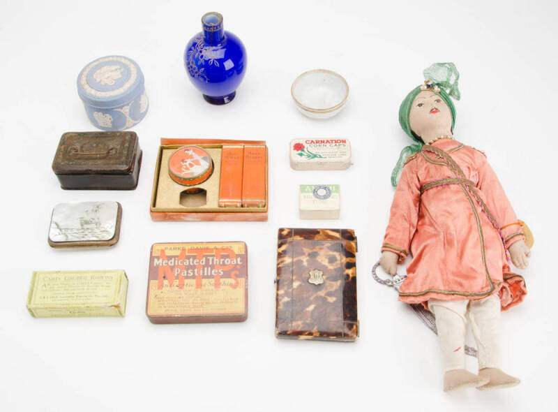 VARIOUS: Remains of collection including advertising ware, antique purse, card case, boxes, vase, tray, rubber stamps, doll, etc. 30+ items. 