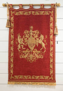 Flemish style red and gold wall hanging. Six matching cushions and bed throw. (8 items) 