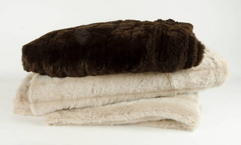 King size faux fur beige bedspread; 2 faux fur throws and 3 cushions. (6 items)