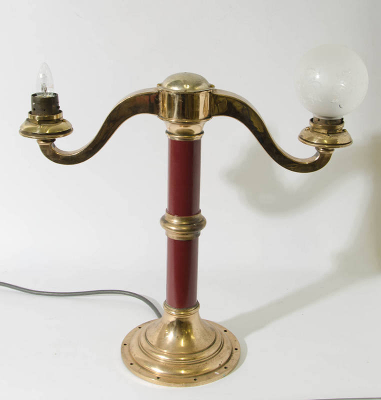 RED RATTLER twin branch lamp, brass metal and glass, early 20th century. 65cm.
