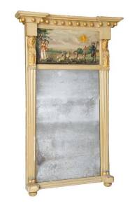 An unusual painted, gilded & ceramic plaque inset wall mirror, English c1830. 96cm high, 62cm wide 