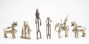 African tribal metal sculptures (4) & a pair of brass temple dog statues (possibly Tibetan). Largest 23cm high. (6 items)