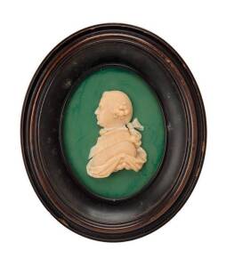 Wax cameo portrait of the 3rd Earl of Albermarle, late 18th century in oval frame, 15 x 18cm.